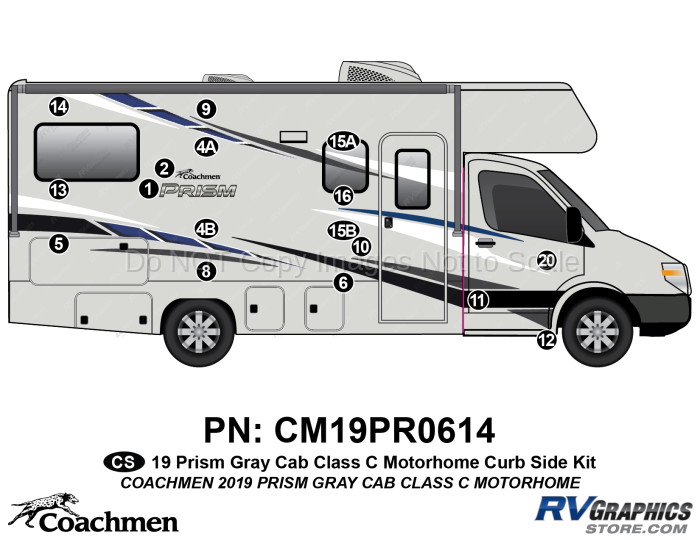 17 Piece 2019 Prism Motorhom-White Cab-Curbside Graphics Kit