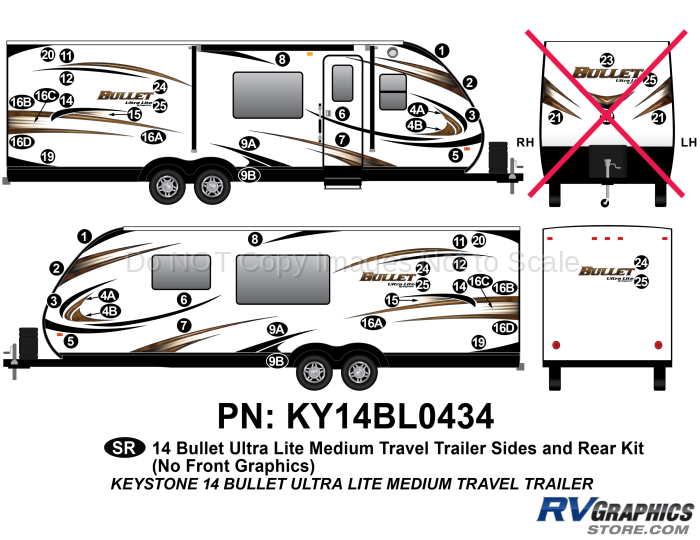 48 piece 2014 Bullet Med Travel Trailer Sides & Rear Graphics Kit-No Front