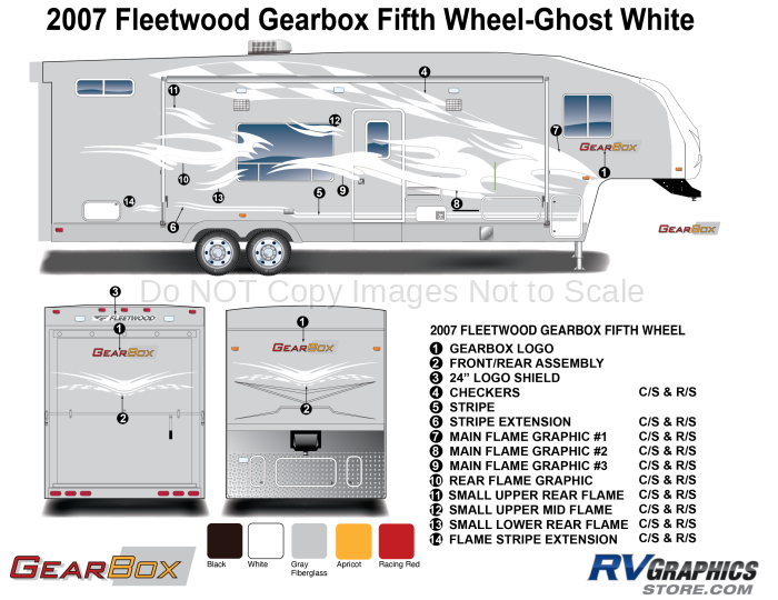 31 Piece 2007 GearBox Fifth Wheel All White Graphics Kit on Non-White Fiberglass