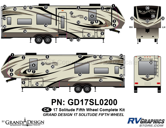 56 Piece 2017 Solitude Fifth Wheel Complete Graphics Kit