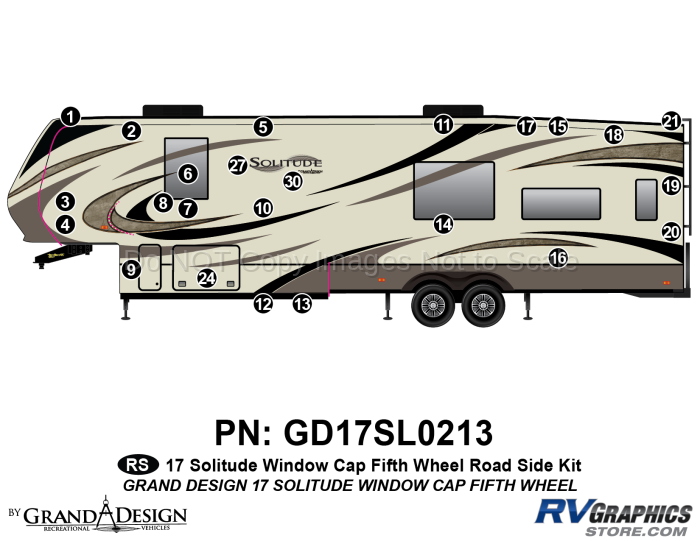 24 Piece 2017 Solitude Fifth Wheel Front Window Roadside Graphics Kit