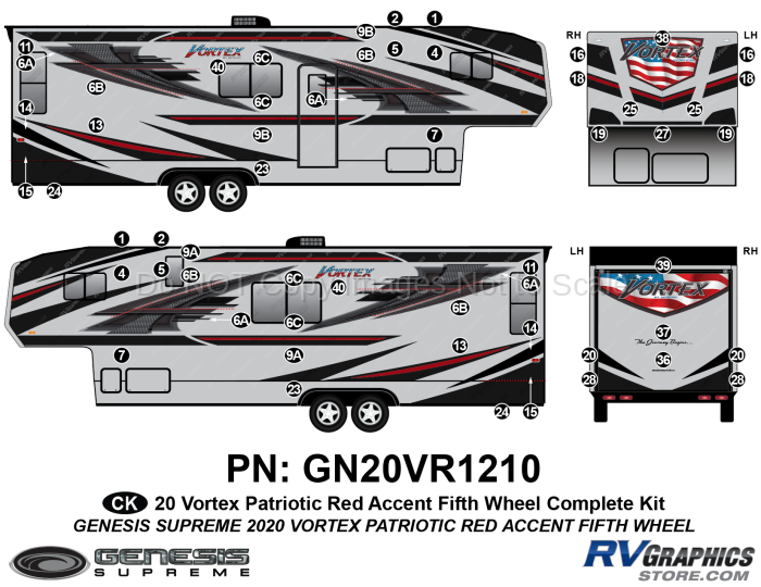 57 Piece 2020 Vortex Patriotic Fifth Wheel RED Version Complete Graphics Kit