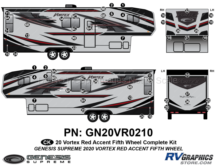 57 Piece 2020 Vortex Fifth Wheel Complete Graphics Kit-RED Combination