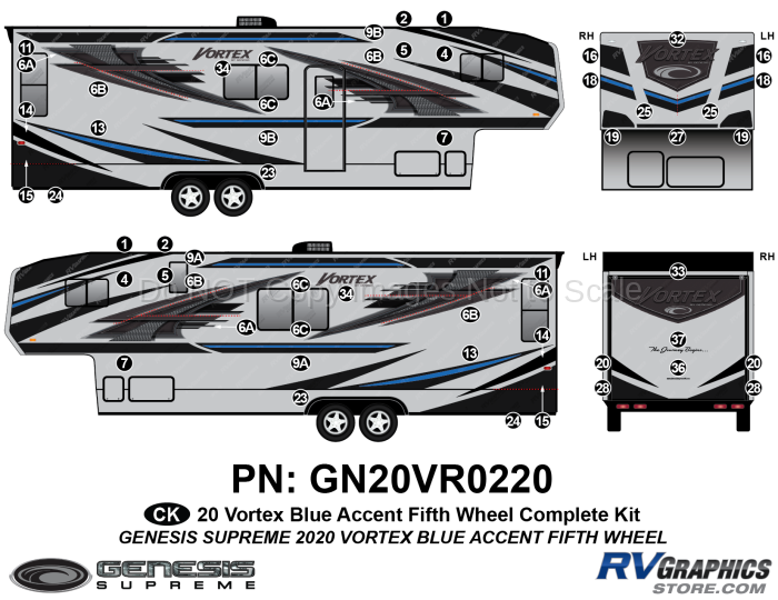 57 Piece 2020 Vortex Fifth Wheel Complete Graphics Kit-BLUE Combination