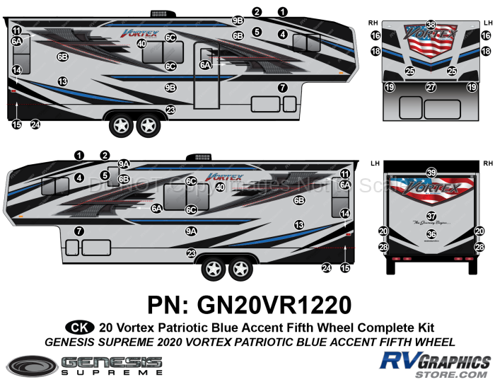 57 Piece 2020 Vortex Patriotic Fifth Wheel BLUE Version Complete Graphics Kit