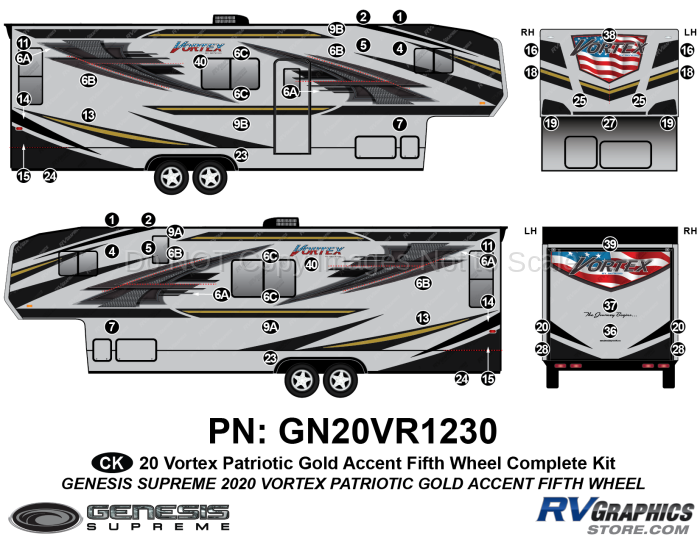 57 Piece 2020 Vortex Patriotic Fifth Wheel GOLD Version Complete Graphics Kit