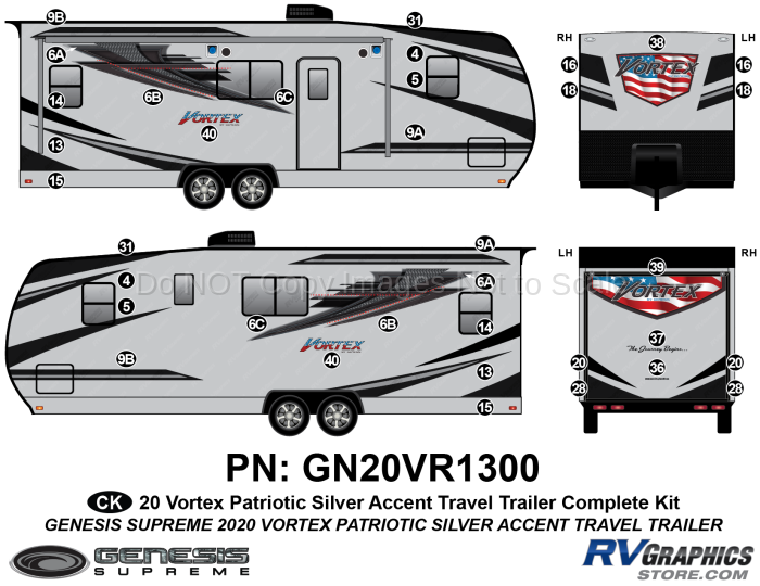 36 Piece 2020 Vortex Patriotic Travel Trailer SILVER Version Complete Graphics Kit