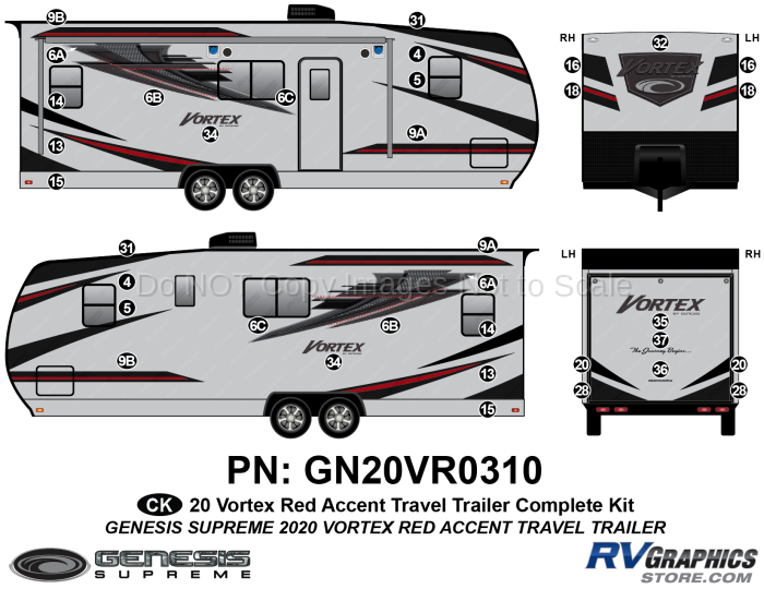 36 Piece 2020 Vortex Travel Trailer Complete Graphics Kit-RED Combination