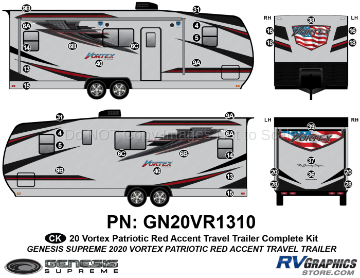 36 Piece 2020 Vortex Patriotic Travel Trailer RED Version Complete Graphics Kit