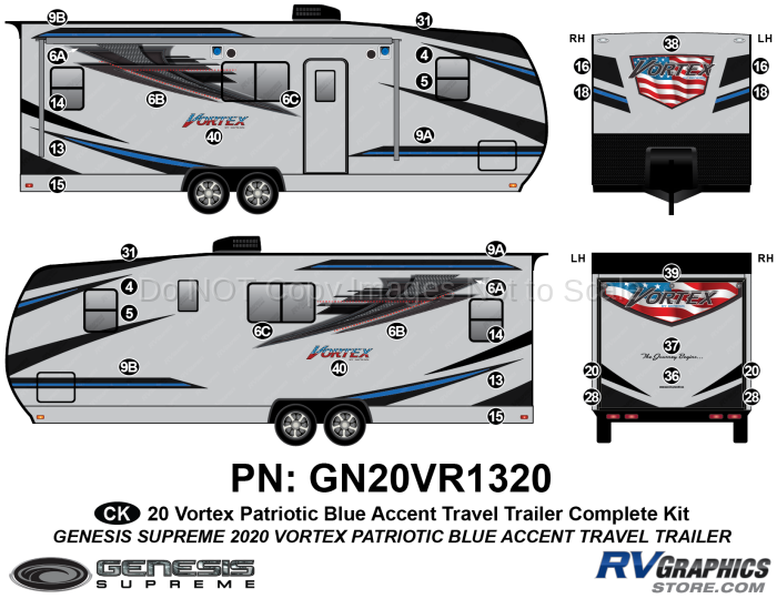 36 Piece 2020 Vortex Patriotic Travel Trailer BLUE Version Complete Graphics Kit