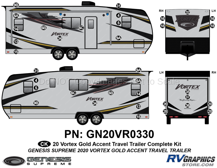 36 Piece 2020 Vortex Travel Trailer Complete Graphics Kit-GOLD Combination