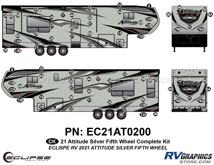 78 Piece 2021 Attitude Fifth Wheel Complete Graphics Kit Silver Version