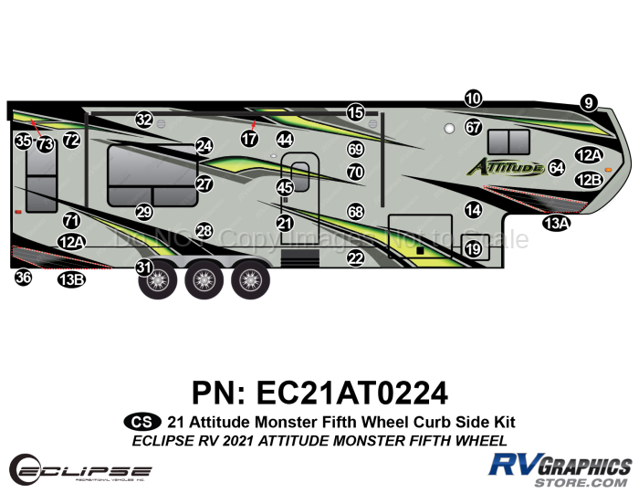 31 Piece 2021 Attitude Fifth Wheel Curbside Graphics Kit Green Version