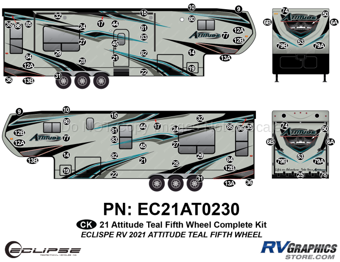 78 Piece 2021 Attitude Fifth Wheel Complete Graphics Kit Teal Version