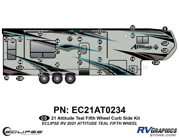 31 Piece 2021 Attitude Fifth Wheel Curbside Graphics Kit Teal Version