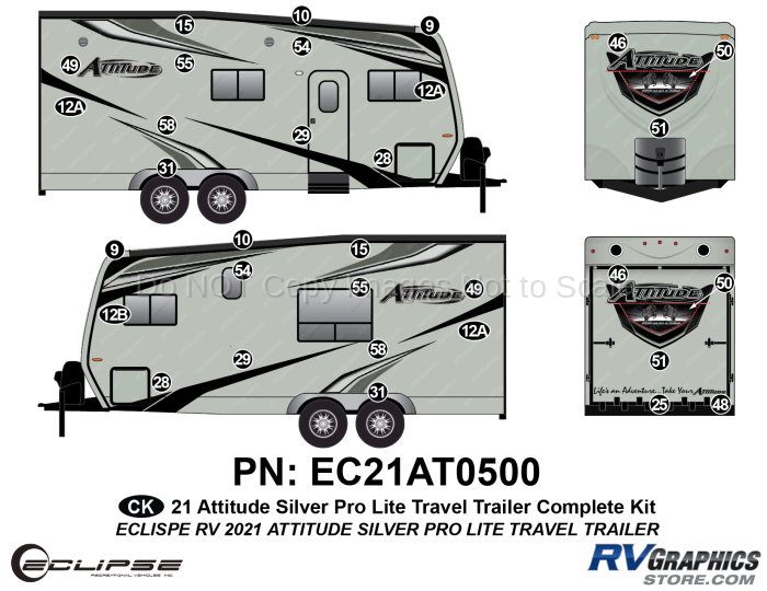 32 Piece 2021 Attitude Pro-Lite Travel Trailer Complete Graphics Kit Silver Version