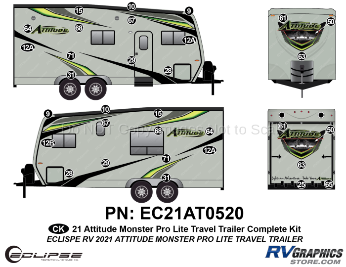 32 Piece 2021 Attitude Pro-Lite Travel Trailer Complete Graphics Kit Green Version