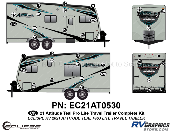 32 Piece 2021 Attitude Pro-Lite Travel Trailer Complete Graphics Kit Teal Version