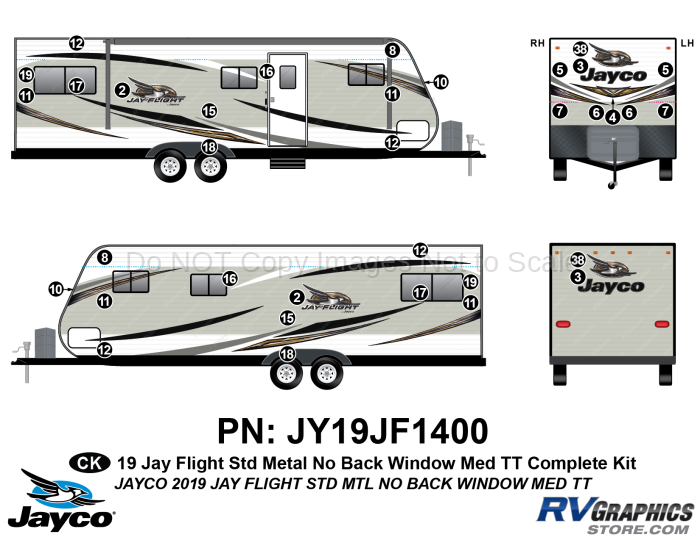 35 Piece 2019 Jay Flight Standard METAL Medium Travel Trailer No Back Window Complete Graphics Kit