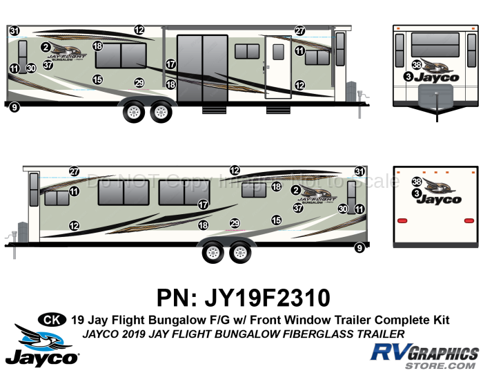 34 Piece 2019 Jay Flight Bungalow Trailer Complete Graphics Kit-Fiberglass Walls WITH Front Window