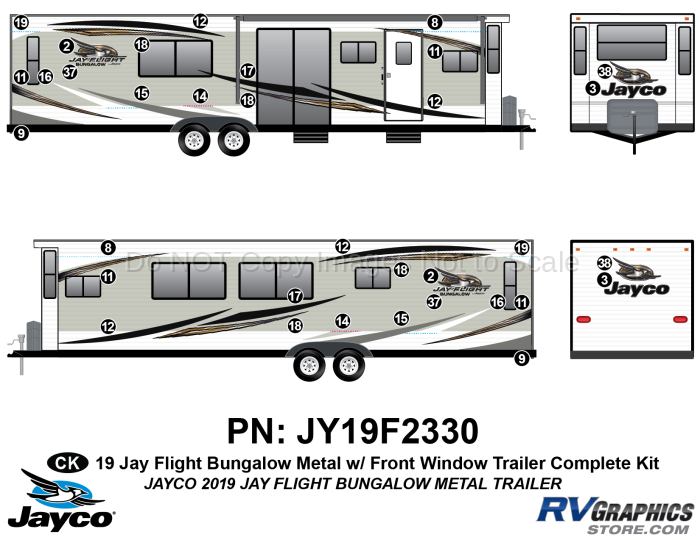 38 Piece 2019 Jay Flight Bungalow Trailer Complete Graphics Kit-METAL Walls WITH Front Window