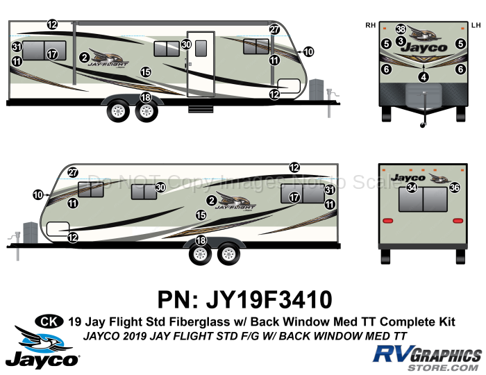 33 Piece 2019 Jay Flight Standard Fiberglass Medium Travel Trailer WITH Back Window Complete Graphics Kit