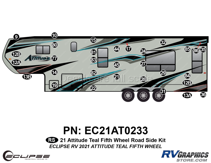 31 Piece 2021 Attitude Fifth Wheel Roadside Graphics Kit Teal Version