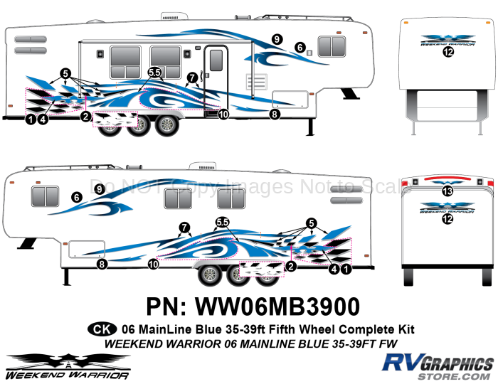 23 piece 2006 Warrior Mainline 35-39' FW Complete Graphics Kit