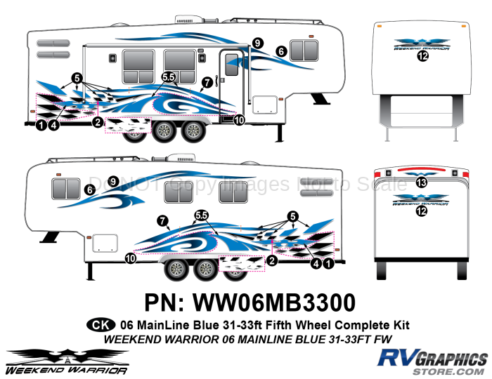 19 piece 2006 Warrior Mainline 31-33' FW Complete Graphics Kit