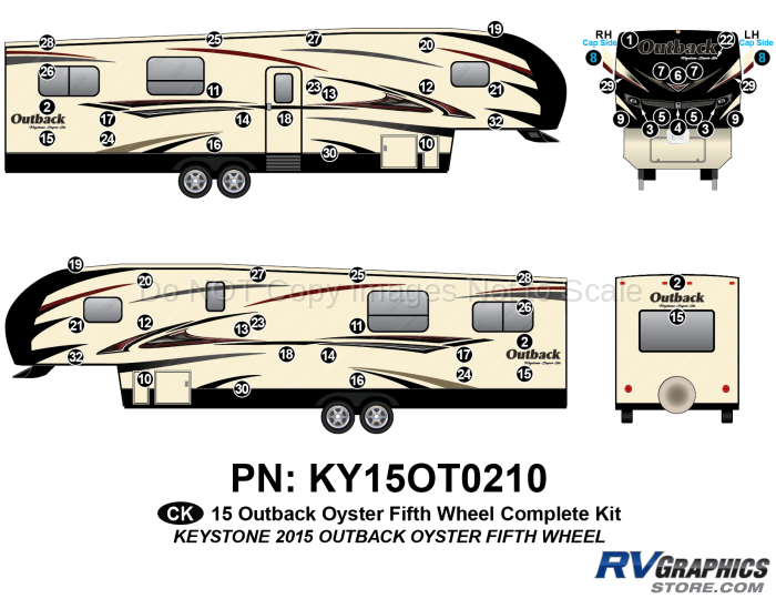 60 Piece 2015 Outback Fifth Wheel-Off White Sidewalls Complete Graphics Kit