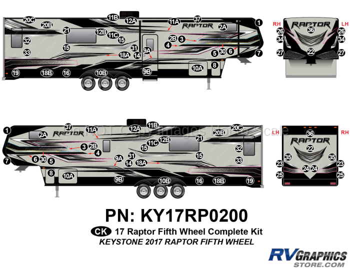 84 Piece 2017 Raptor Fifth Wheel Complete Graphics Kit