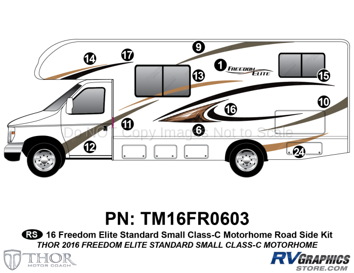 14 Piece 2016 Freedom Elite Small Motorhome Roadside Graphics Kit