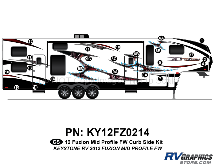 23 Piece 2012 Fuzion Fifth Wheel Mid Profile Cap CURBSIDE Graphics Kit