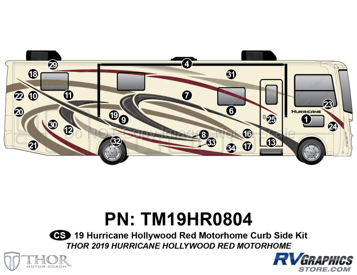 26 Piece 2019 Hurricane Motorhome Curbside Graphics Kit-Red Version