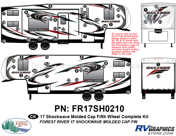 56 Piece 2017 Shockwave Fifth Wheel Molded Cap Complete Graphics Kit