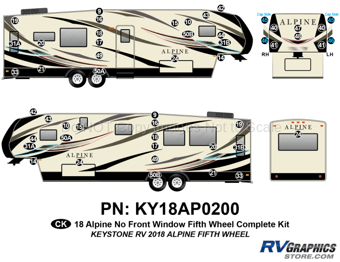 51 Piece 2018 Alpine Fifth Wheel No Front Window Complete Graphics Kit