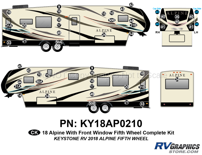 51 Piece 2018 Alpine Fifth Wheel WITH Front Window Complete Graphics Kit