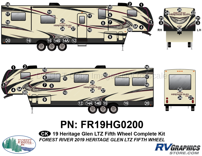 63 Piece 2019 Heritage Glen LTZ Fifth Wheel Complete Graphics Kit