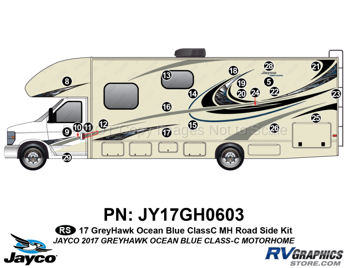 22 Piece 2017 Greyhawk Motorhome Roadside Graphics Kit Blue Version