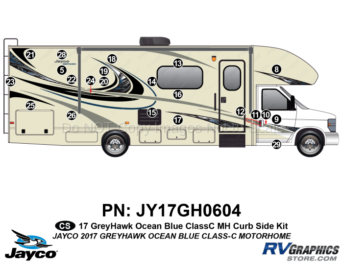 22 Piece 2017 Greyhawk Motorhome Curbside Graphics Kit Blue Version