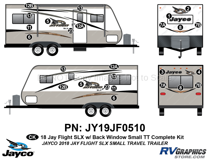 26 Piece 2018 Jay Flight SLX Sm Travel Trailer-WITH Rear Window Complete Graphics Kit