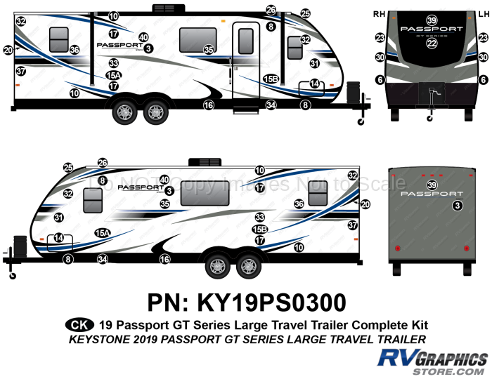 54 Piece 2019 Passport GT Large Travel Trailer Complete Graphics Kit