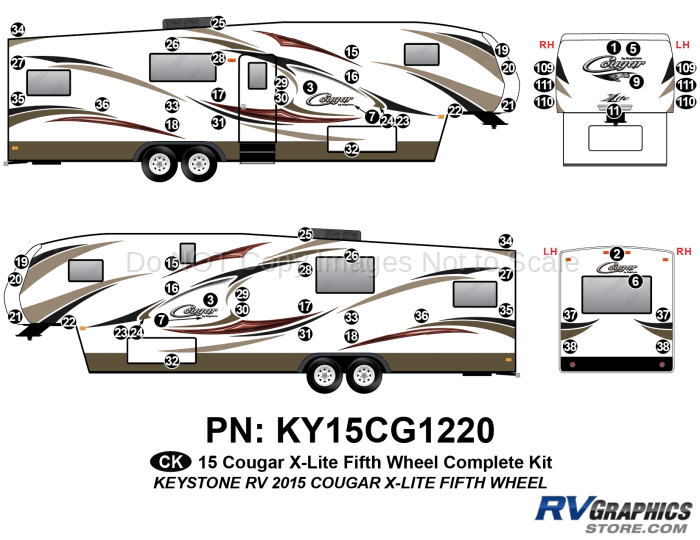 64 Piece 2014 Cougar X-Lite White Cap Fifth Wheel Complete Graphics Kit