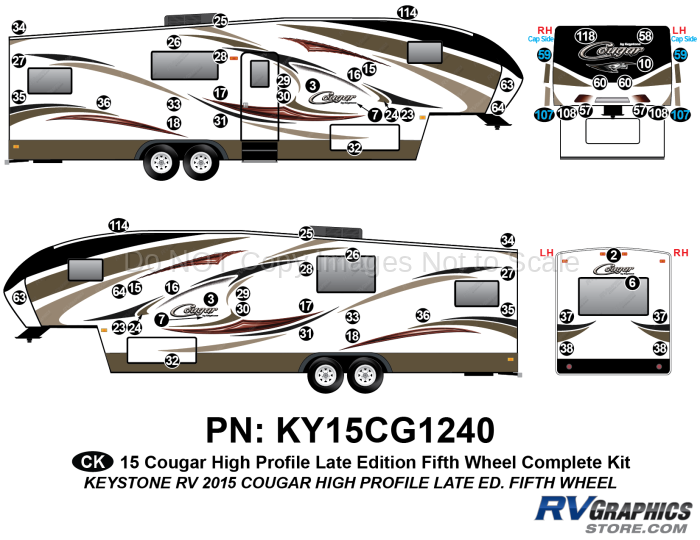 65 Piece 2014 Cougar Hi-Pro Fifth Wheel Later Edition Complete Graphics Kit