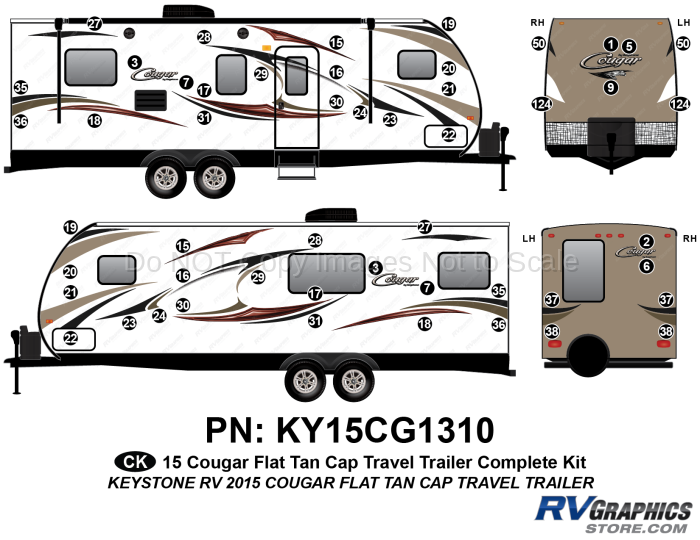 53 Piece 2014 Cougar Tan Flat Cap Travel Trailer Complete Graphics Kit