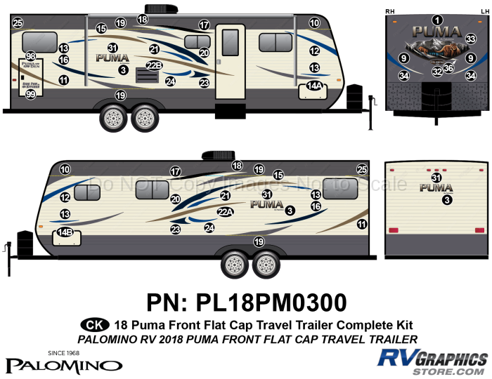 52 Piece 2018 Puma Travel Trailer Flat Cap Version Complete Graphics Kit