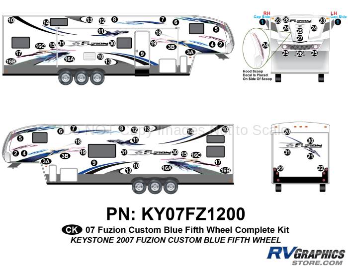 68 Piece 2007 Fuzion Fifth Wheel Complete Graphics Kit-CUSTOM BLUE