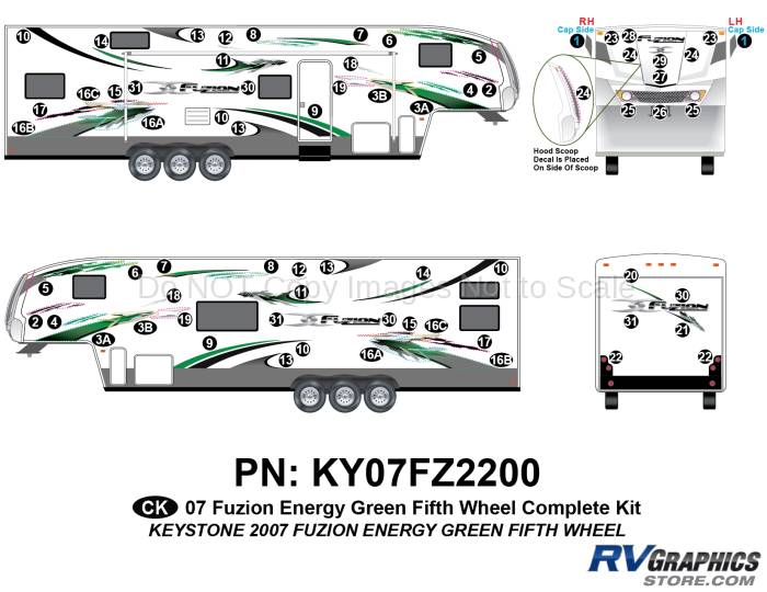 68 Piece 2007 Fuzion Fifth Wheel Complete Graphics Kit-CUSTOM GREEN