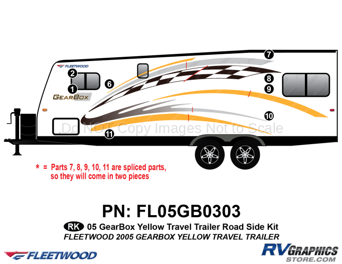 8 Piece 2005 Gearbox Travel Trailer Roadside Graphics Kit Yellow Version