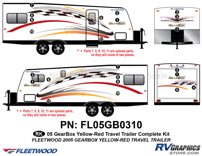 23 Piece 2005 Gearbox Travel Trailer Complete Graphics Kit Yellow-Red Version